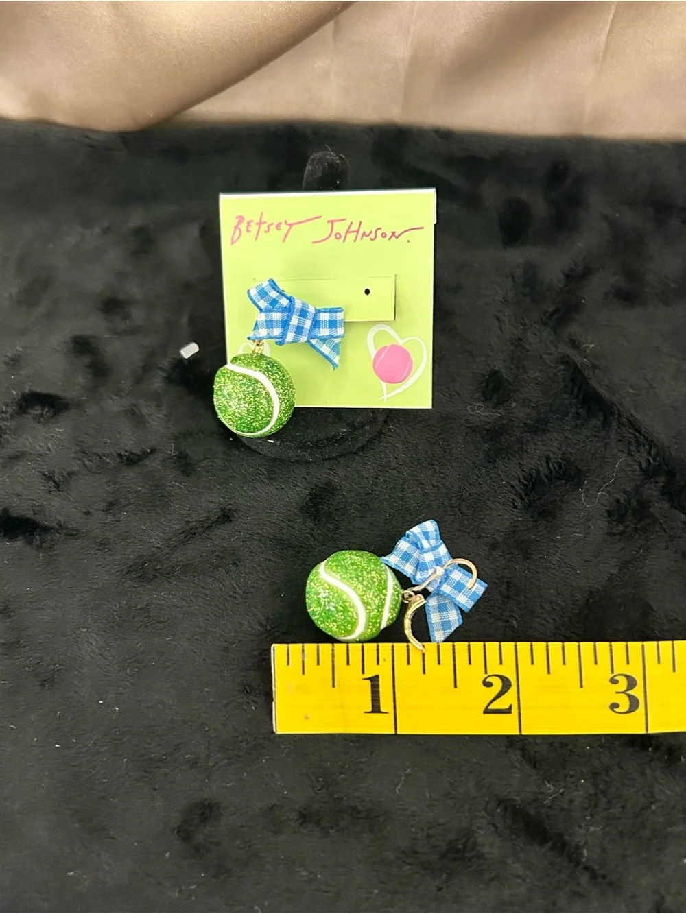 Betsey Johnson Green Glitter Tennis Ball Earrings with Blue Bow